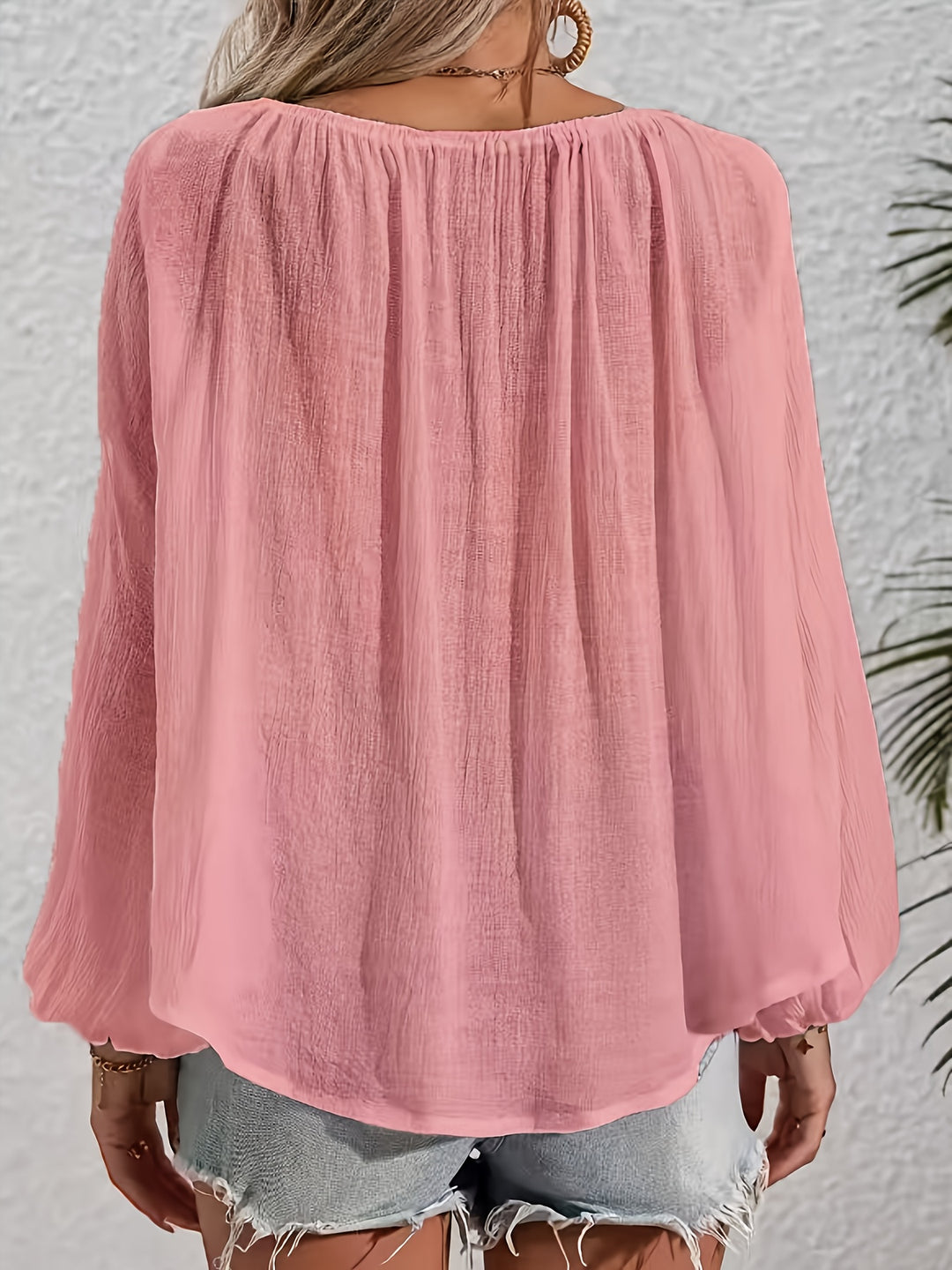 Freja | Dame Løs Boho Bluse Med Ballonærmer Og Kvastdetaljer