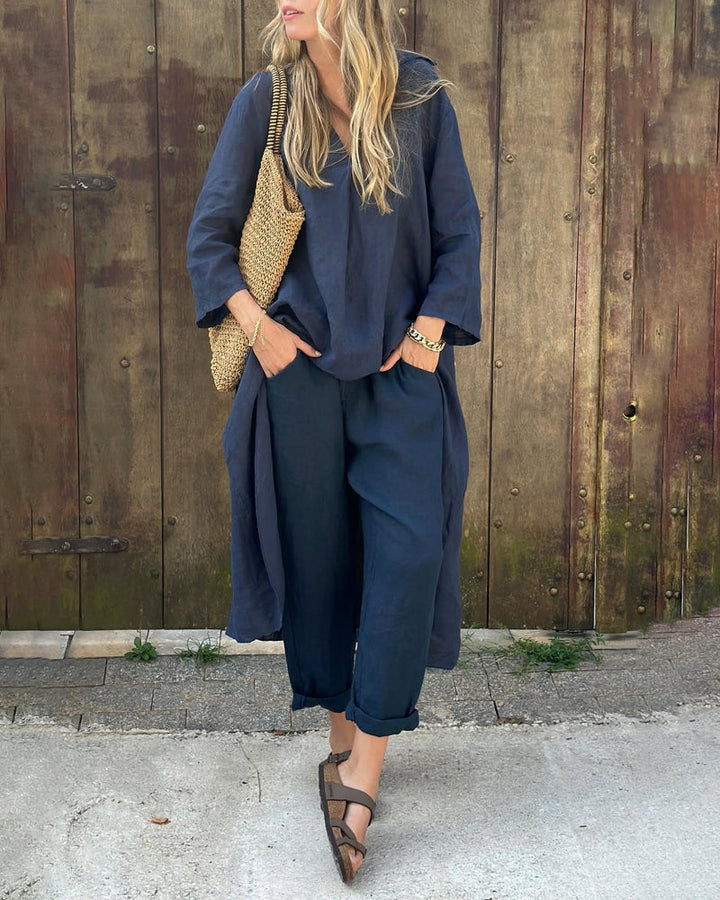 Vibeke | Dame Hørsæt Med Lang Cardigan V-Hals Top Og Bukser