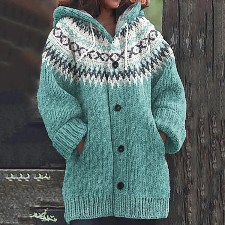 Lene | Dame Hættet Strikcardigan Med Fair Isle Mønster
