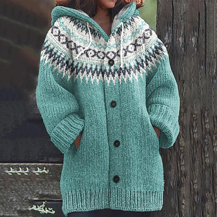 Lene | Dame Hættet Strikcardigan Med Fair Isle Mønster