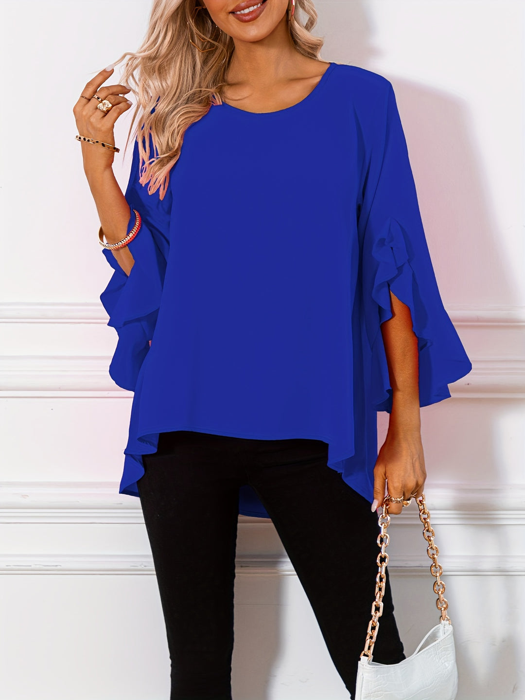 Vibeke | Dame Løs Bluse Med Peplum Kant Og Flæseærmer