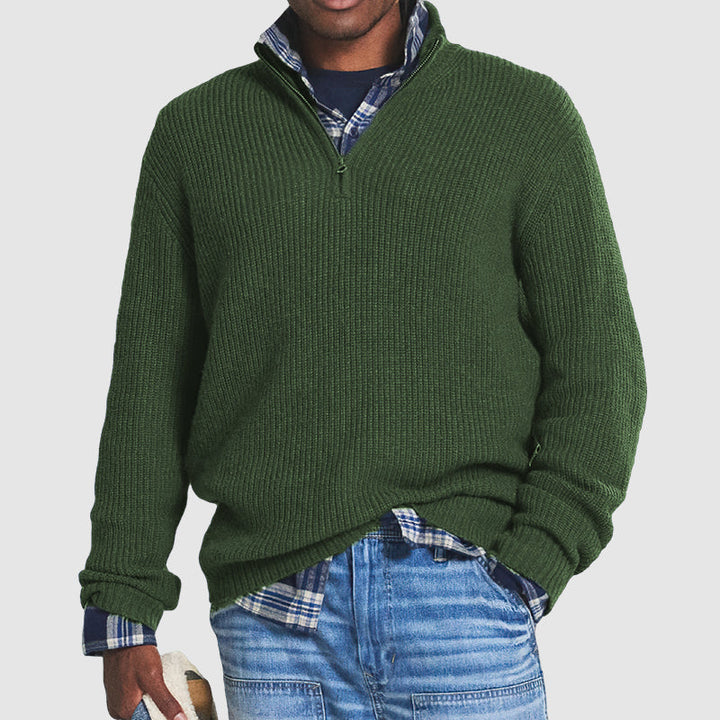 Lars | Herre Ribstrikket Sweater Med Kvart Lynlås Og Høj Krave