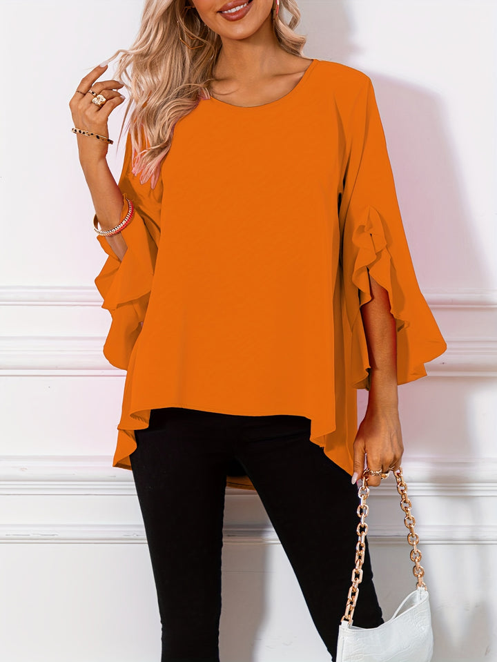 Vibeke | Dame Løs Bluse Med Peplum Kant Og Flæseærmer