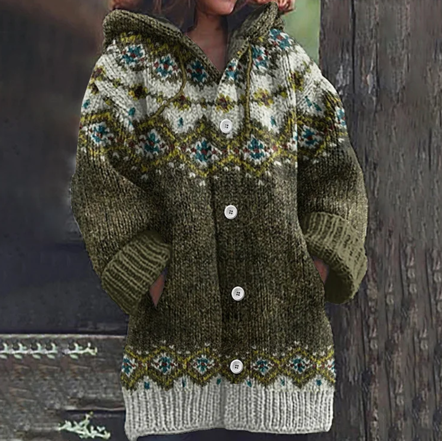 Lene | Dame Hættet Strikcardigan Med Fair Isle Mønster