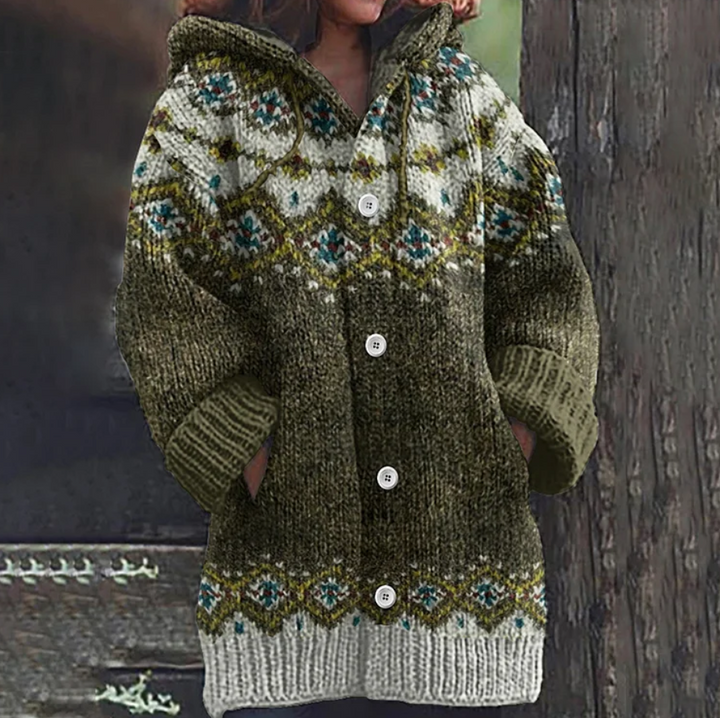 Lene | Dame Hættet Strikcardigan Med Fair Isle Mønster