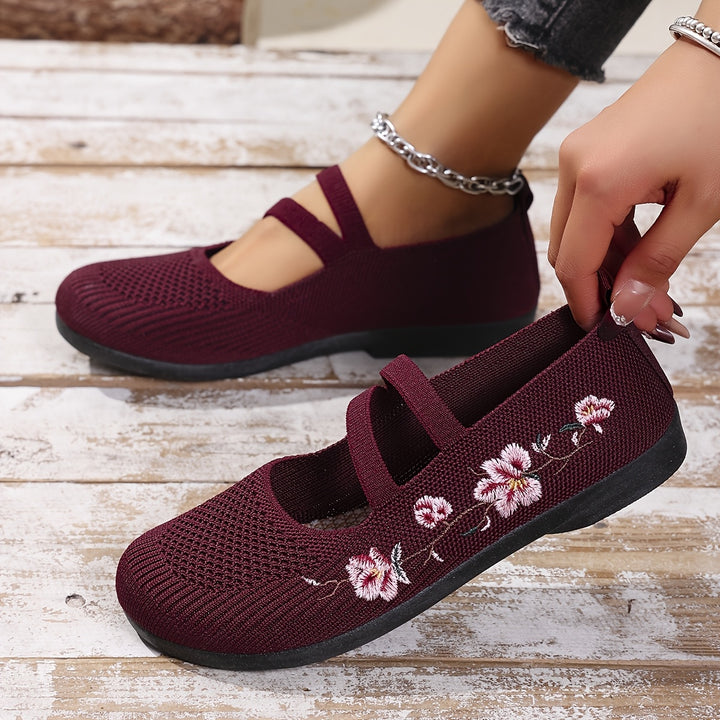 Agnete | Dame Ballet Flat Sko Med Blomsterbroderi Og Masketekstur