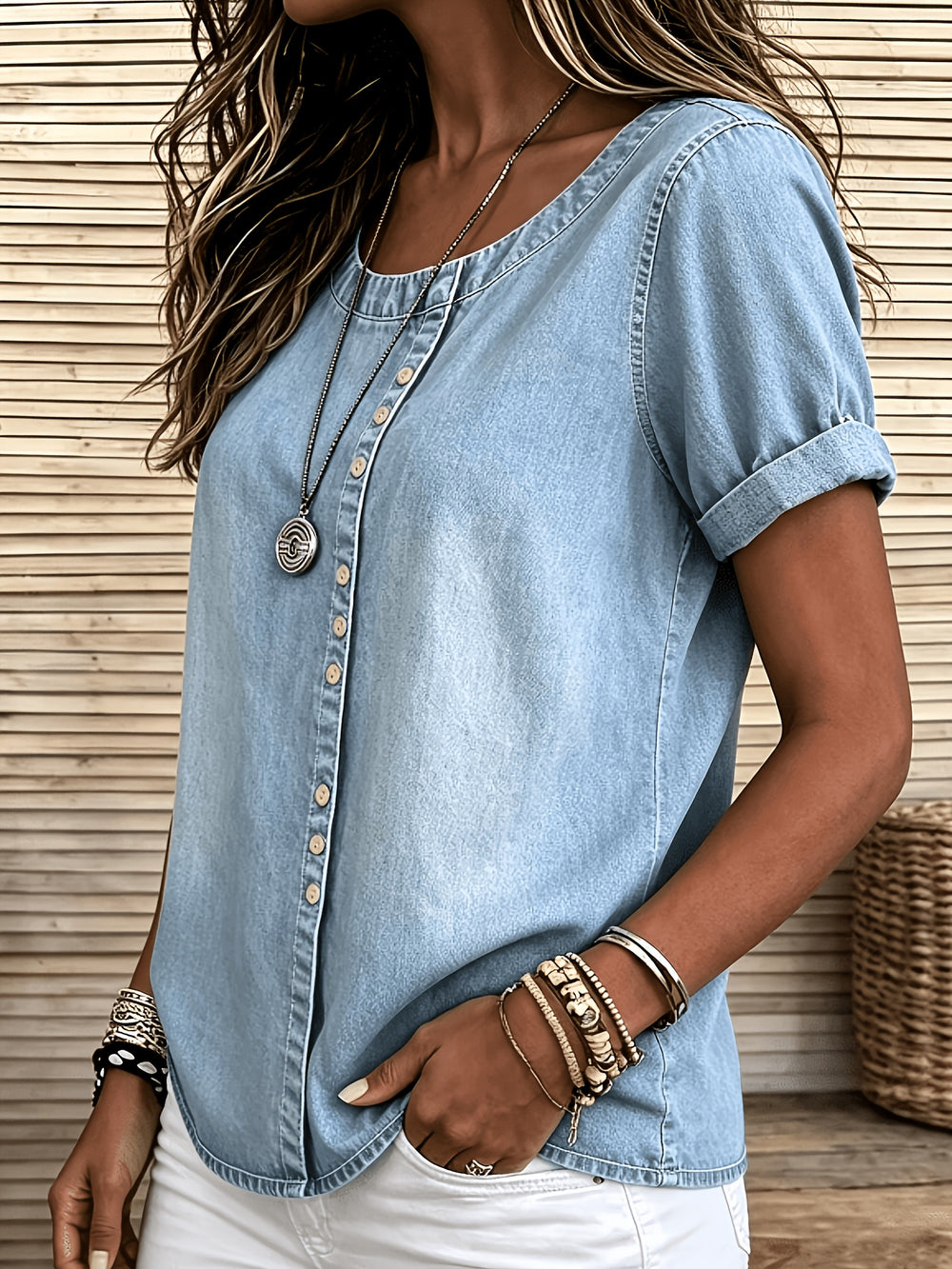 Rigmor | Dame Kortærmet Denimbluse Med Knapplacering Og Rund Hals