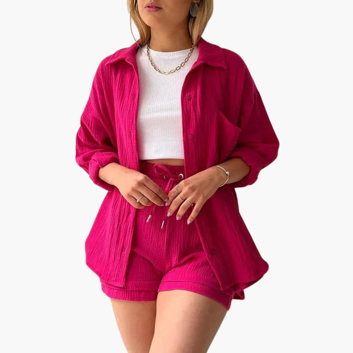 Nanna | Dame Tosætssæt Med Skjorte Lange Ærmer Og Shorts