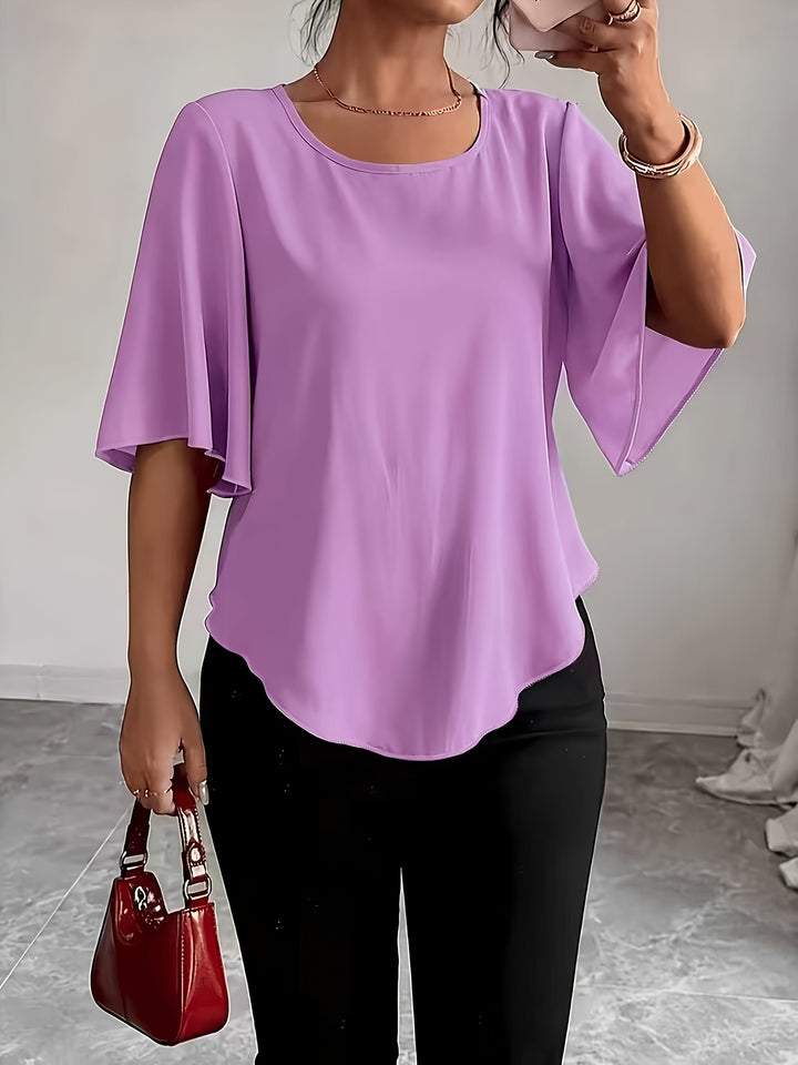 Helle | Dame Blouse Med Flæseærmer Og Rund Hals