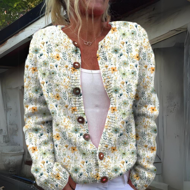 Thyra | Dame Strikket Cardigan Med Blomsterprint Og Knaplukning
