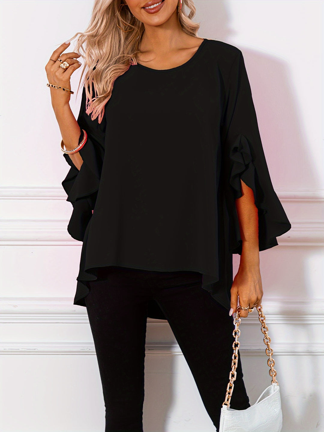 Vibeke | Dame Løs Bluse Med Peplum Kant Og Flæseærmer