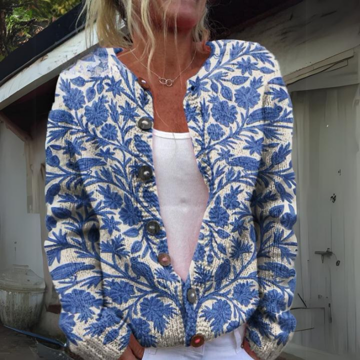 Thyra | Dame Strikket Cardigan Med Blomsterprint Og Knaplukning