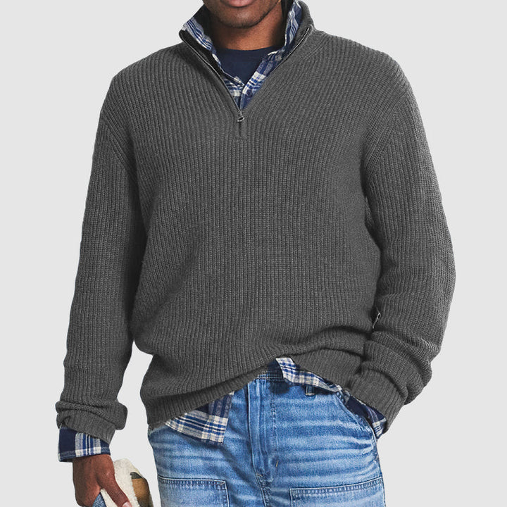 Lars | Herre Ribstrikket Sweater Med Kvart Lynlås Og Høj Krave
