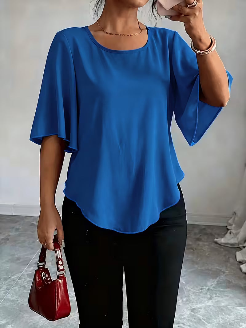 Helle | Dame Blouse Med Flæseærmer Og Rund Hals
