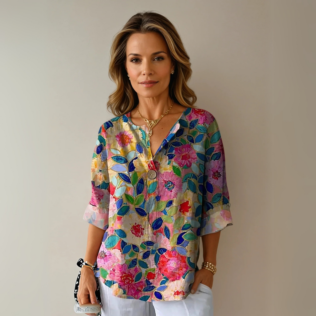 Inge | Dame Top Sommer Blomsterprint V-Hals Casual