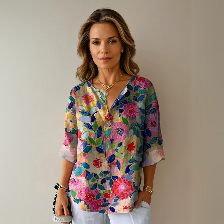 Inge | Dame Top Sommer Blomsterprint V-Hals Casual