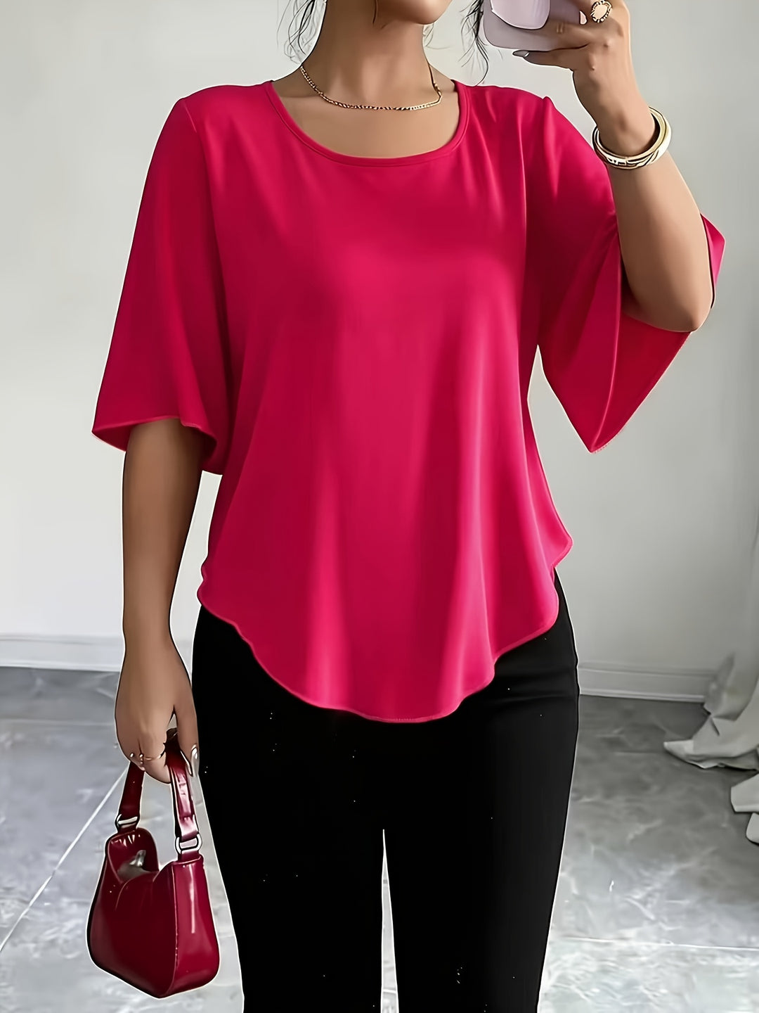 Helle | Dame Blouse Med Flæseærmer Og Rund Hals