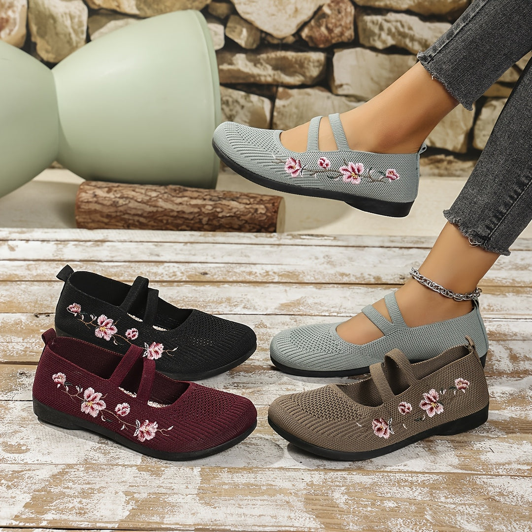 Agnete | Dame Ballet Flat Sko Med Blomsterbroderi Og Masketekstur