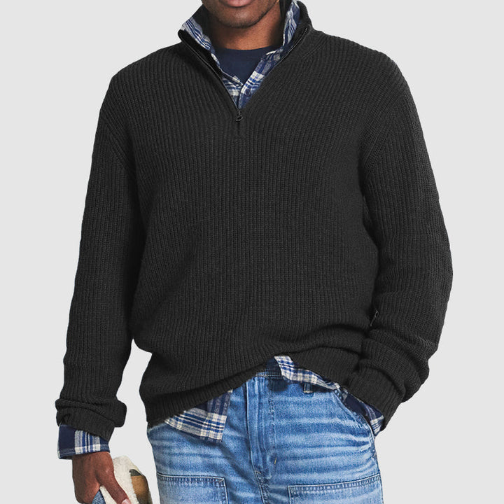 Lars | Herre Ribstrikket Sweater Med Kvart Lynlås Og Høj Krave