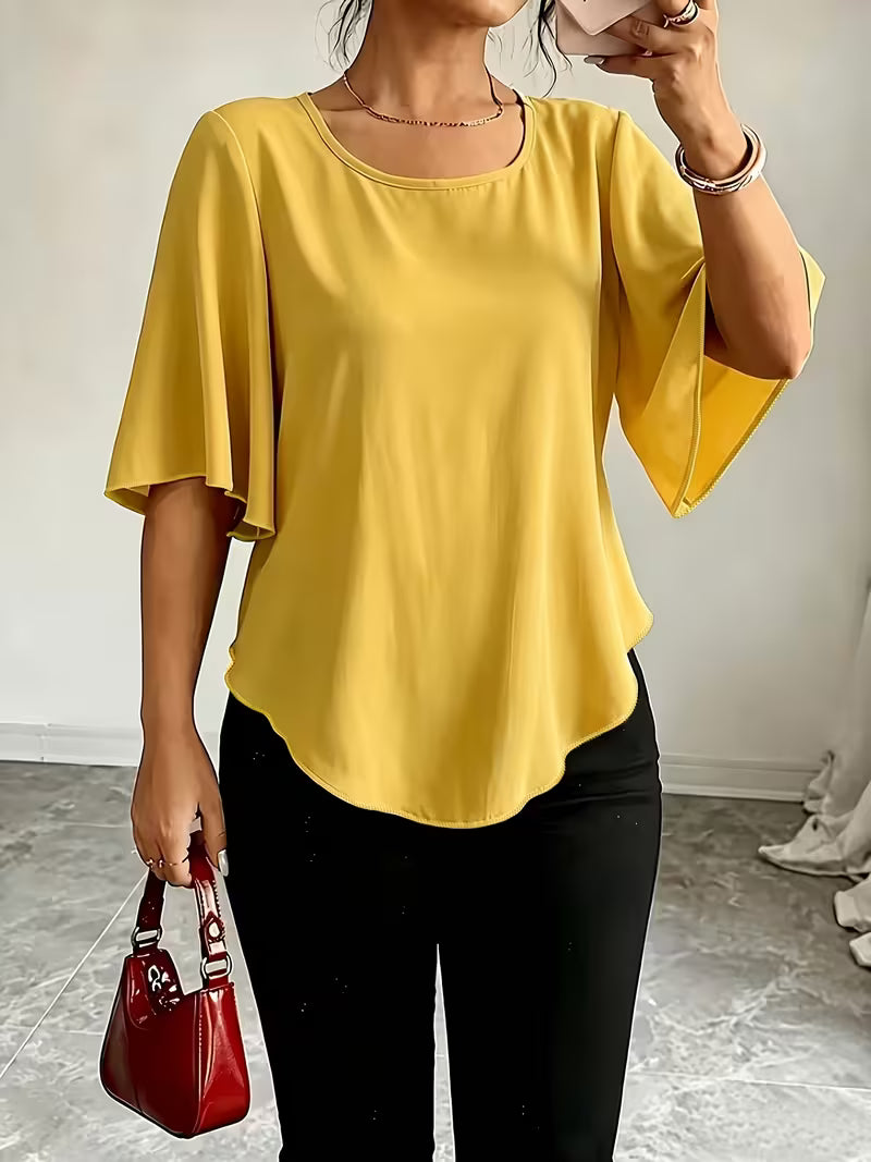 Helle | Dame Blouse Med Flæseærmer Og Rund Hals
