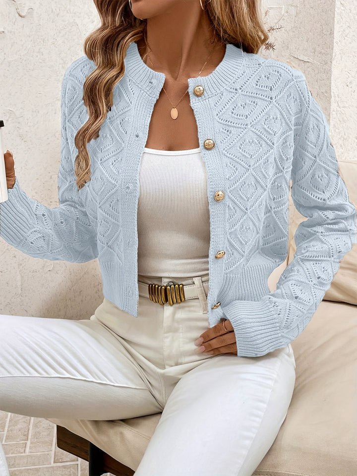 Emilie | Dame Cropped Knit Cardigan Med Rund Hals Og Knaplukning