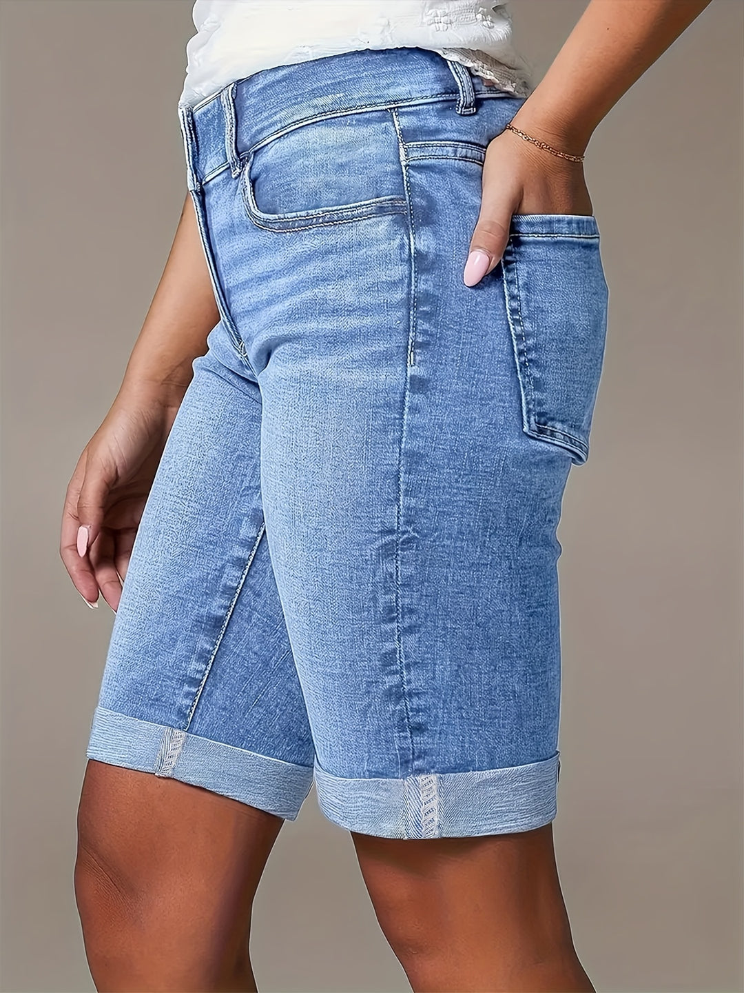Lene | Dame Højtaljede Denim Bermudashorts Med Opslag Og Lommer