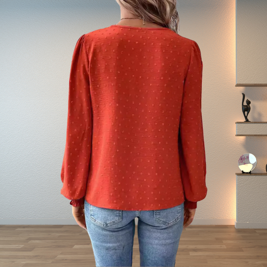 Ida | Dame Bluse Med V-hals Blondefront Og Lange Ærmer