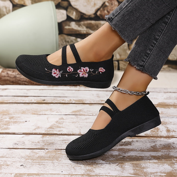 Agnete | Dame Ballet Flat Sko Med Blomsterbroderi Og Masketekstur