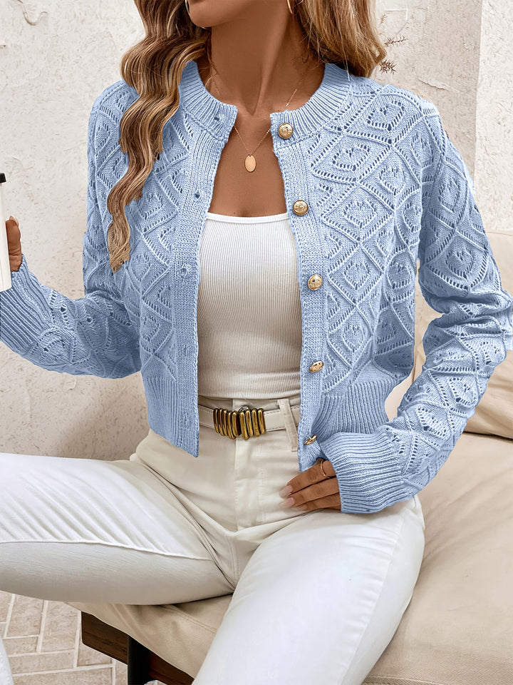 Emilie | Dame Cropped Knit Cardigan Med Rund Hals Og Knaplukning
