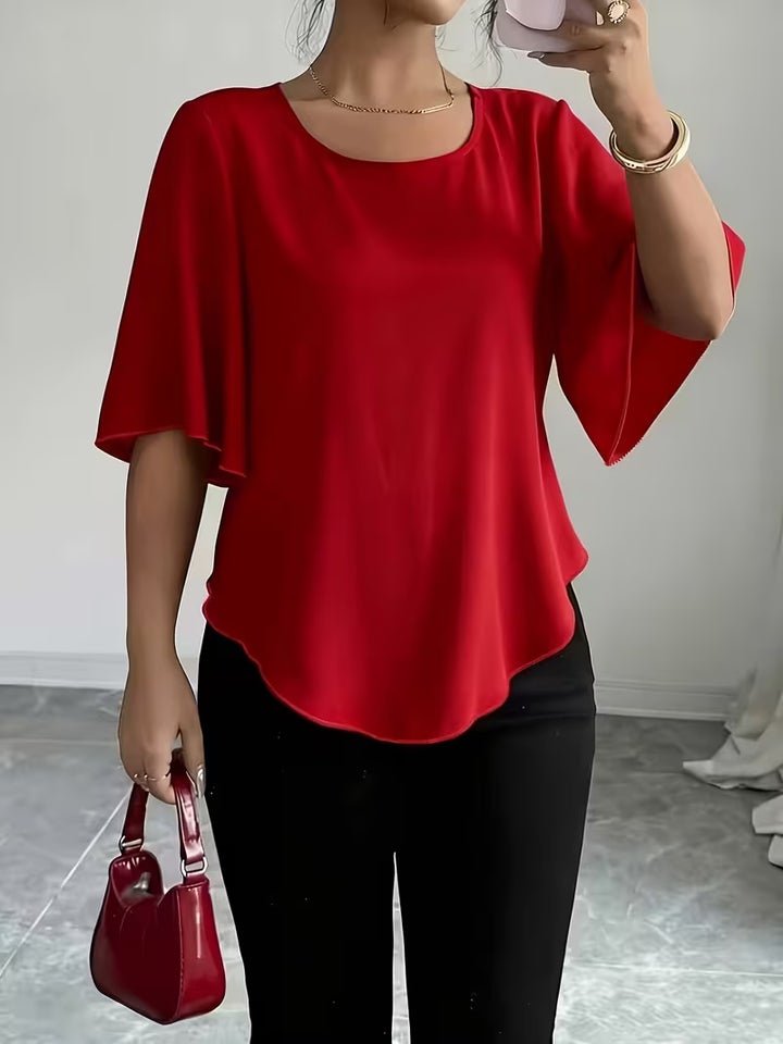 Helle | Dame Blouse Med Flæseærmer Og Rund Hals