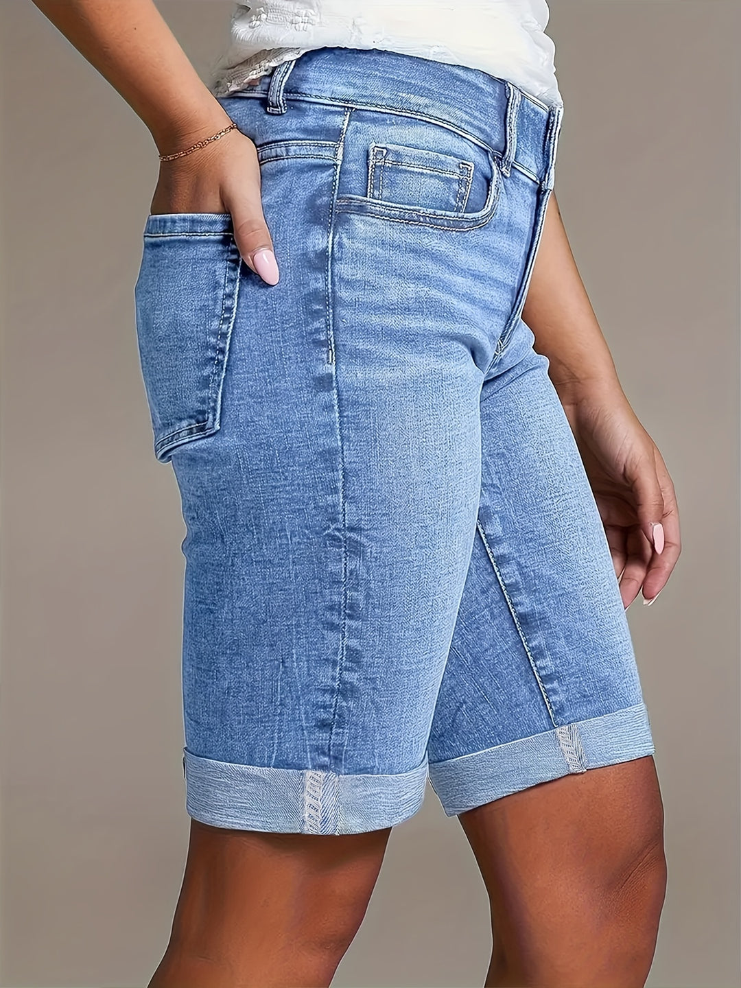 Lene | Dame Højtaljede Denim Bermudashorts Med Opslag Og Lommer