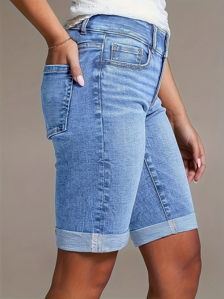 Lene | Dame Højtaljede Denim Bermudashorts Med Opslag Og Lommer