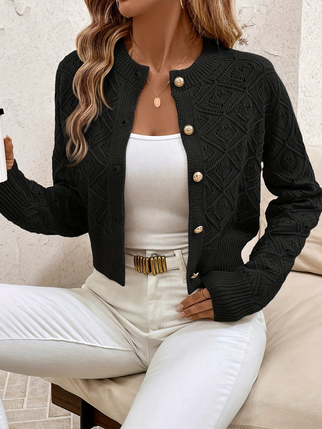 Emilie | Dame Cropped Knit Cardigan Med Rund Hals Og Knaplukning