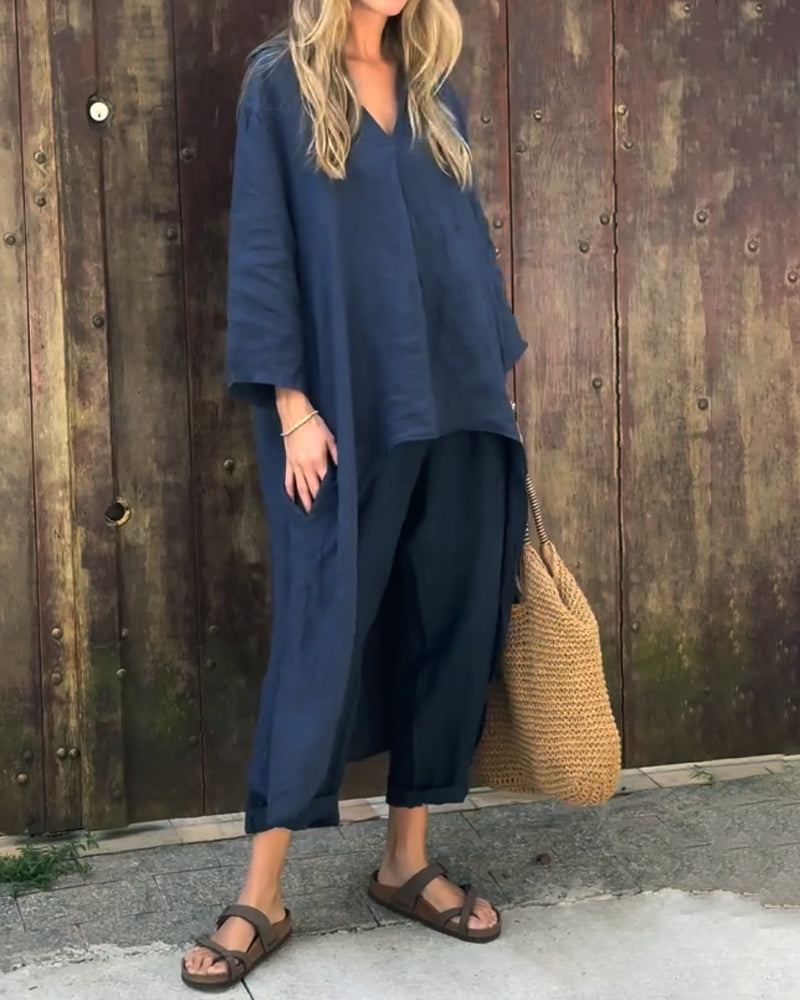 Vibeke | Dame Hørsæt Med Lang Cardigan V-Hals Top Og Bukser