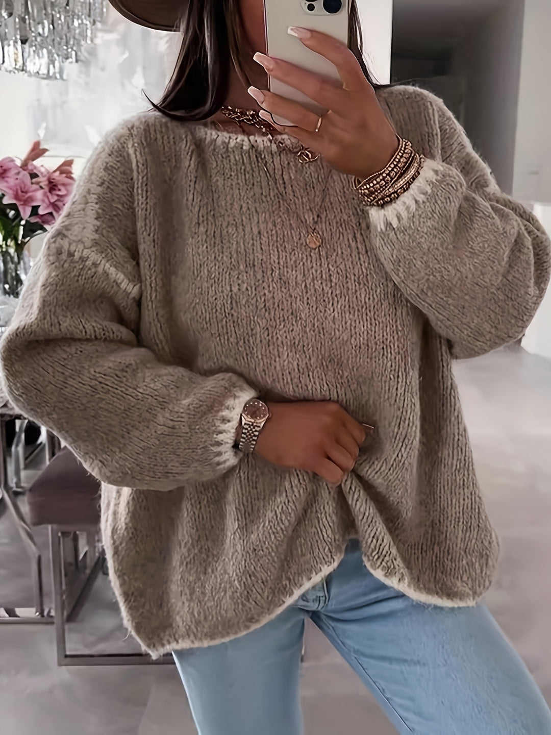 Anette | Dame Løstsiddende Sweater Med Bådudskæring Og Kontrasterende Detaljer