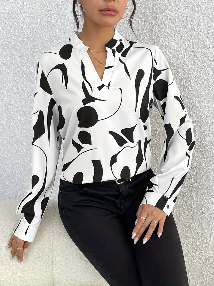 Lise | Dame Bluse Med V-Hals Og Grafisk Print