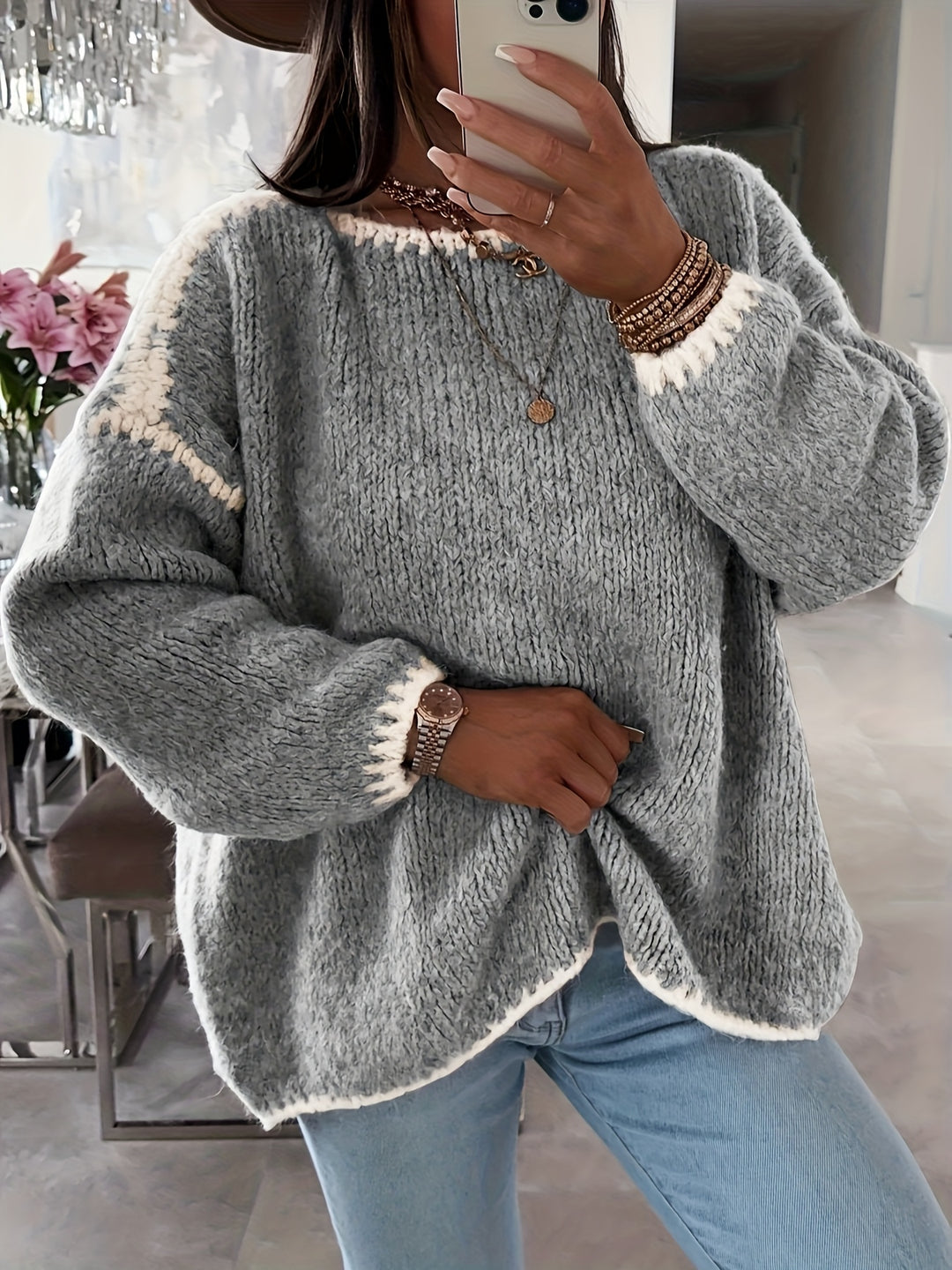 Anette | Dame Løstsiddende Sweater Med Bådudskæring Og Kontrasterende Detaljer