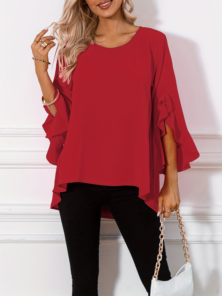 Vibeke | Dame Løs Bluse Med Peplum Kant Og Flæseærmer