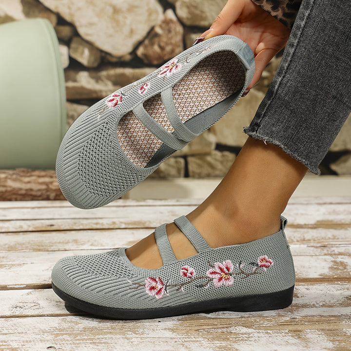 Agnete | Dame Ballet Flat Sko Med Blomsterbroderi Og Masketekstur