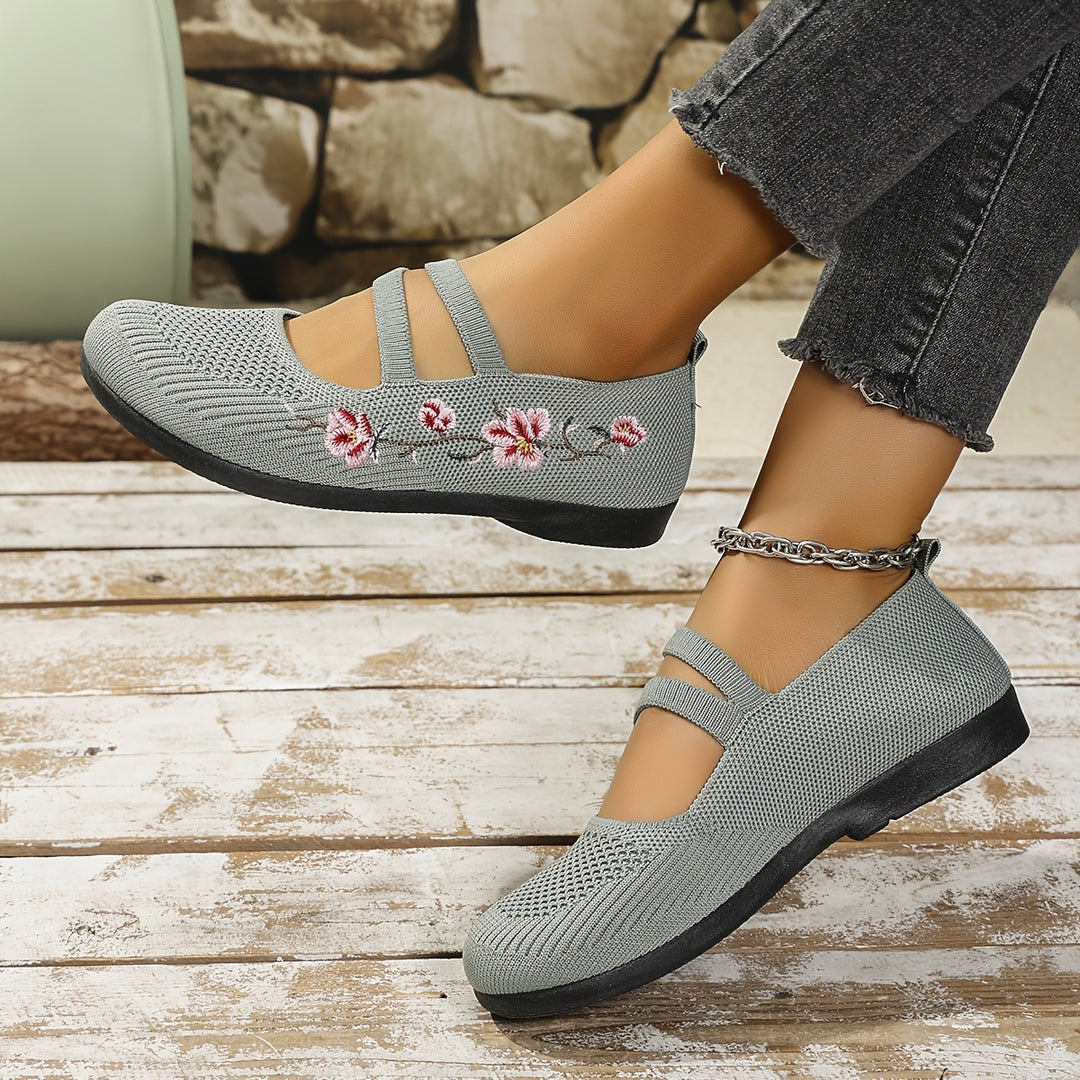 Agnete | Dame Ballet Flat Sko Med Blomsterbroderi Og Masketekstur