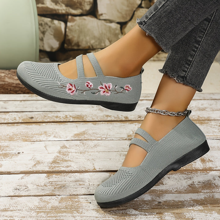 Agnete | Dame Ballet Flat Sko Med Blomsterbroderi Og Masketekstur