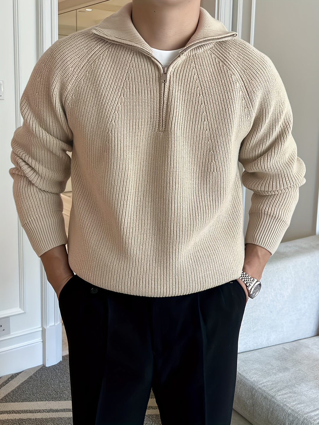Henrik | Herre Strikket Quarter Zip Sweater Med Raglanærmer