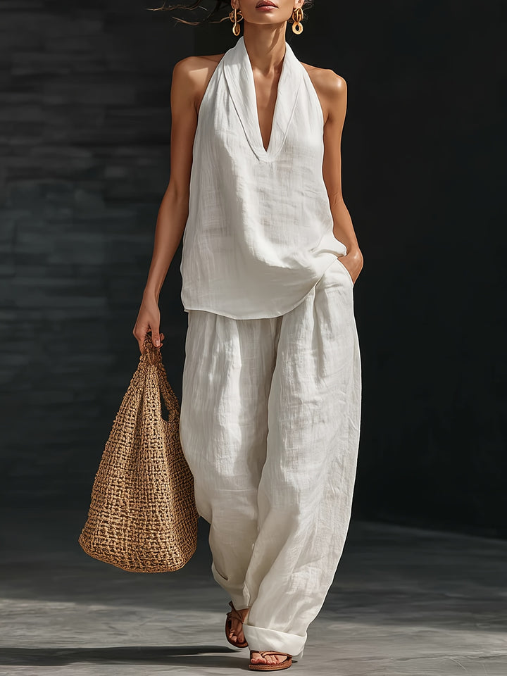 Dorthe | Dame Hørbluse Med Halterneck Og Wide Leg Bukser To-Delt Sæt
