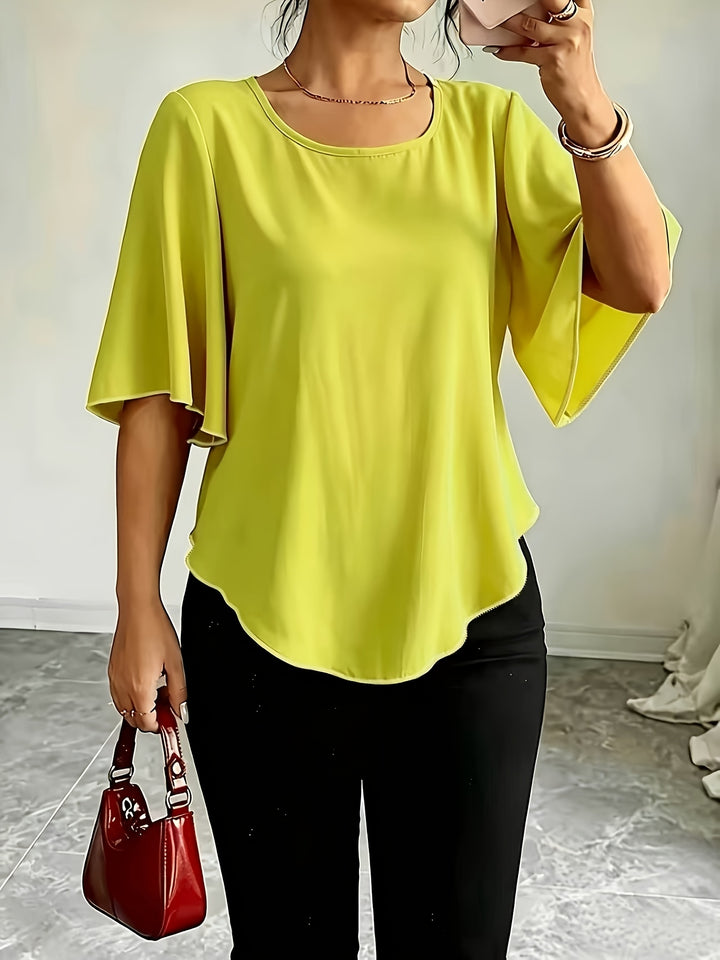 Helle | Dame Blouse Med Flæseærmer Og Rund Hals