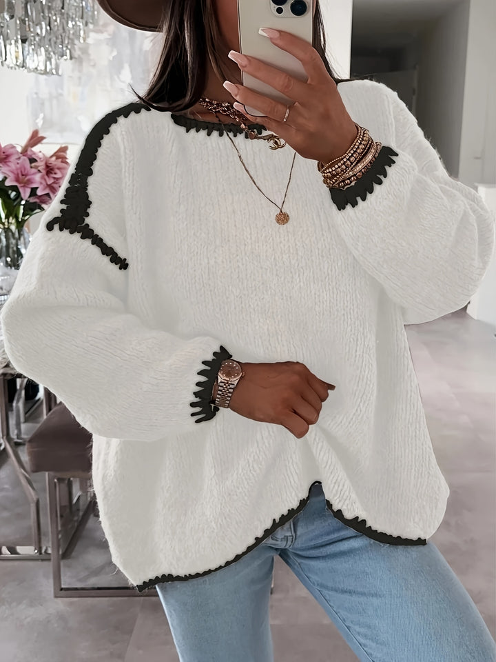 Anette | Dame Løstsiddende Sweater Med Bådudskæring Og Kontrasterende Detaljer