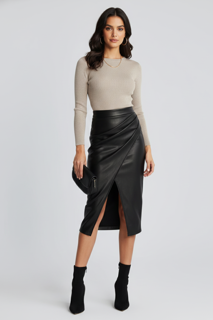 Freja | Dame Midi Nederdel Til Forår Med Drapering Og Slids