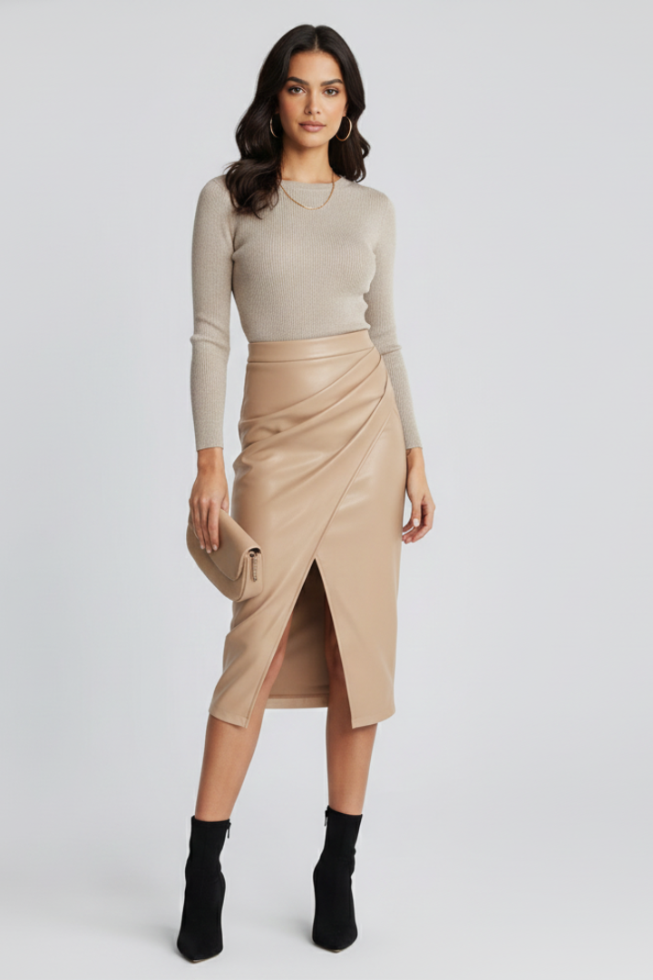 Freja | Dame Midi Nederdel Til Forår Med Drapering Og Slids