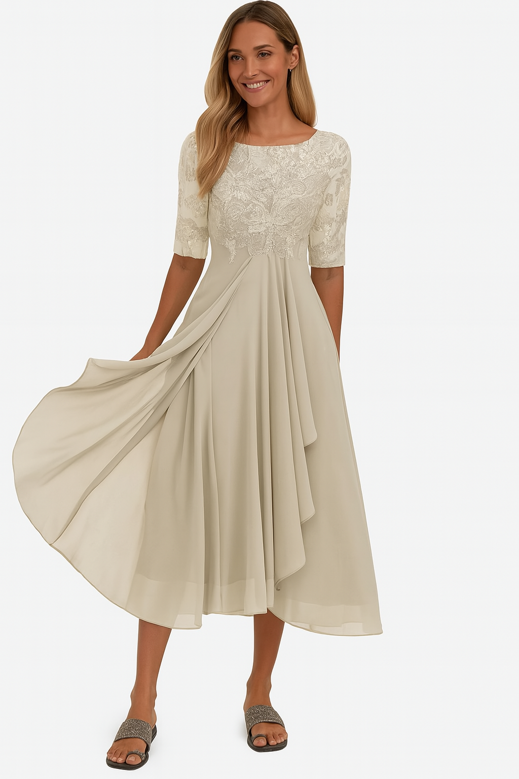 Dorthe | Dame A-line Midi Sommerkjole Med Rund Hals Og Blondeoverdel