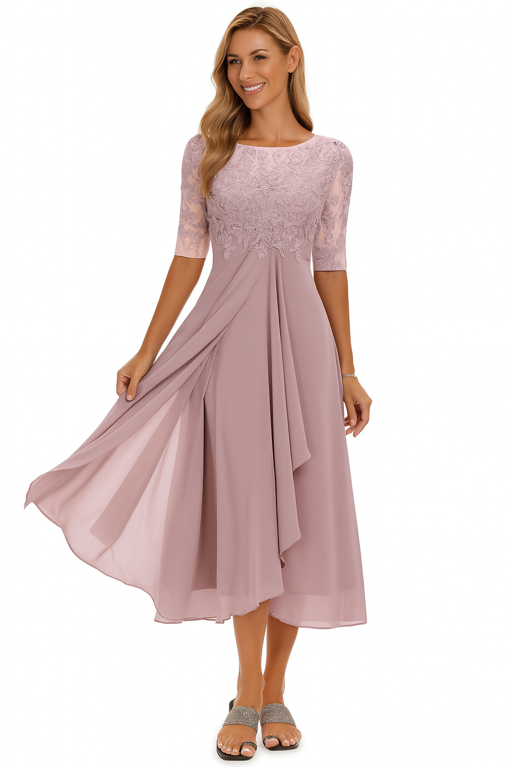 Dorthe | Dame A-line Midi Sommerkjole Med Rund Hals Og Blondeoverdel
