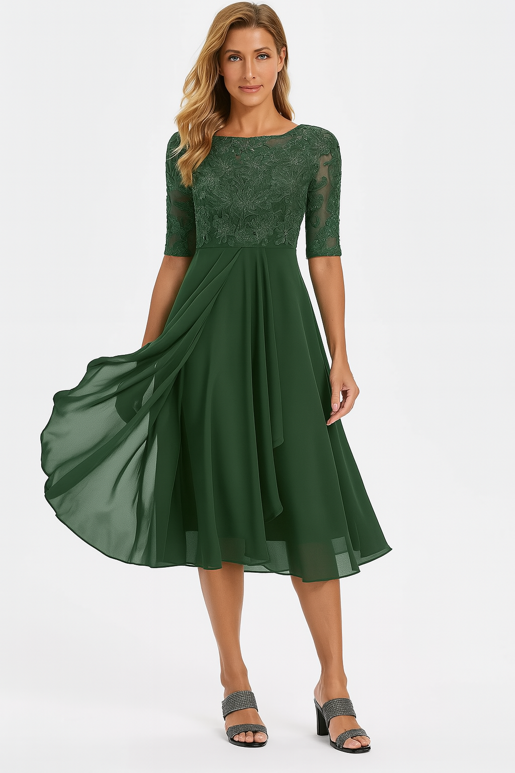 Dorthe | Dame A-line Midi Sommerkjole Med Rund Hals Og Blondeoverdel